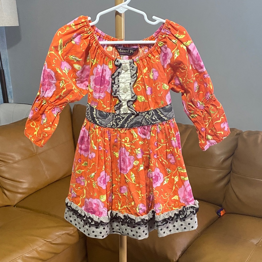 Mud Pie‎ Orange and Pink Floral Ruffle Long sleeves Dress 5T